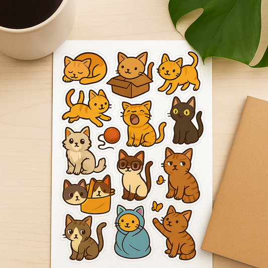Cute Cat Sticker Sheet – Kawaii Cartoon Cats | Vinyl Stickers for Journals, Laptops & Gifts
